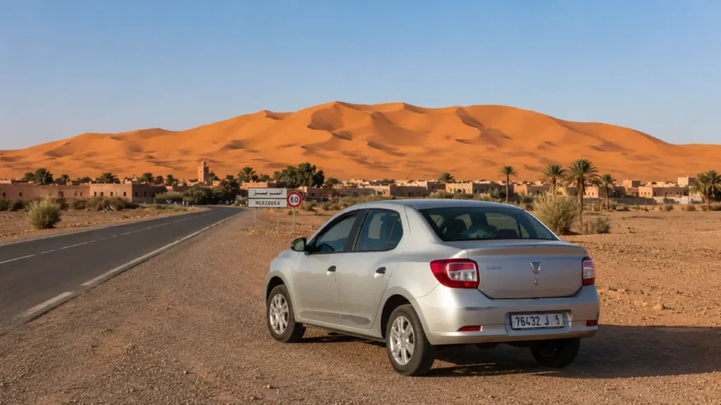 Rental car parked near the Erg Chebbi dunes in Merzouga