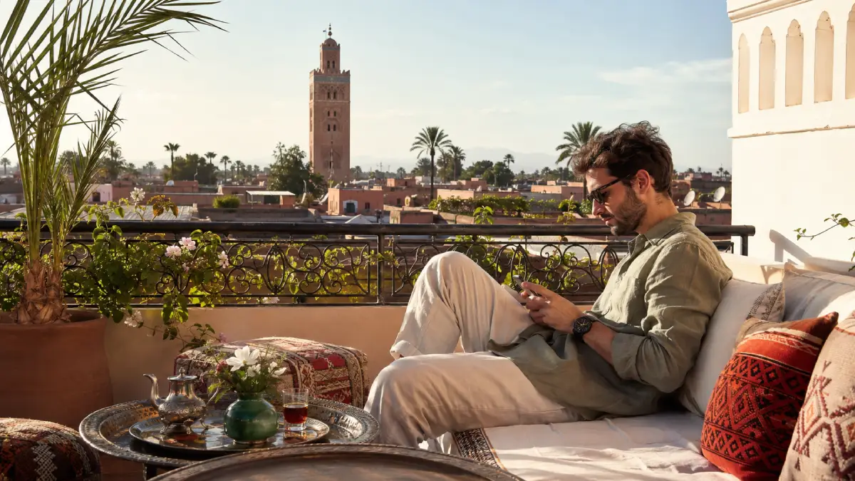 Internet in Morocco with a traveler using a smartphone on a rooftop in Marrakech