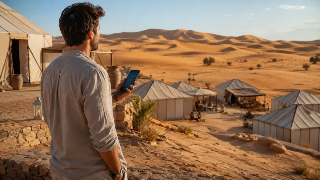 Checking mobile internet near the Sahara Desert in Morocco