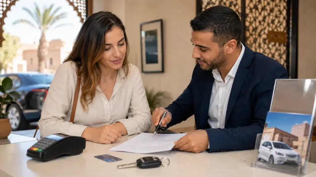 Traveller reviewing a Moroccan car rental contract, deposit and insurance conditions