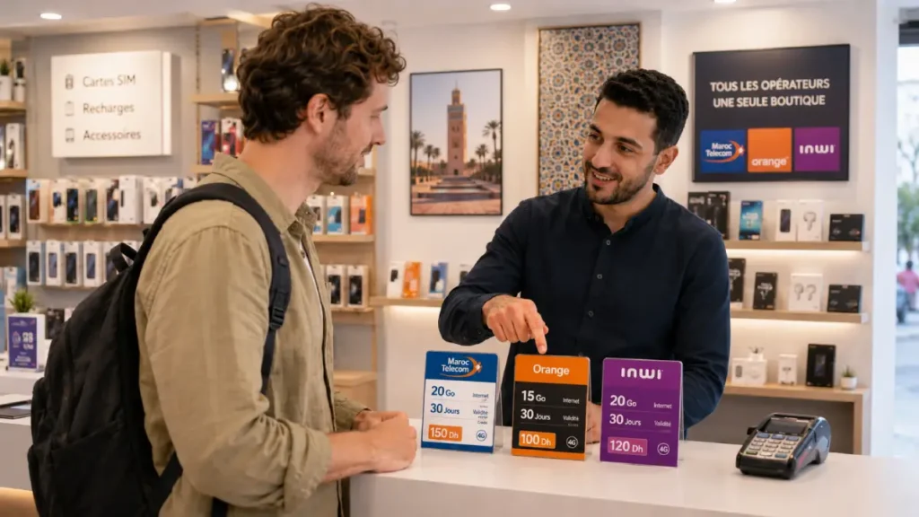 Traveller comparing Morocco SIM card options from Maroc Telecom, Orange and inwi