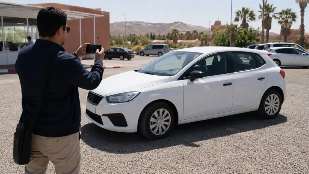 Traveller recording a rental car inspection before driving in Morocco