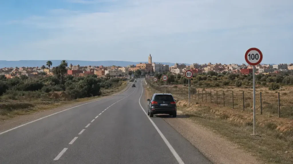 Morocco speed limit signs changing near the entrance to a town