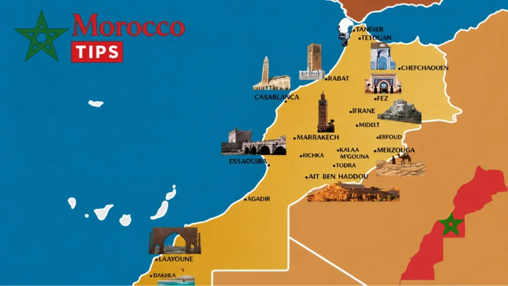 Morocco travel map showing Marrakech, Fes, Chefchaouen, Casablanca, Rabat, Essaouira, Merzouga, Ouarzazate, Ait Ben Haddou, Agadir, and other major destinations.
