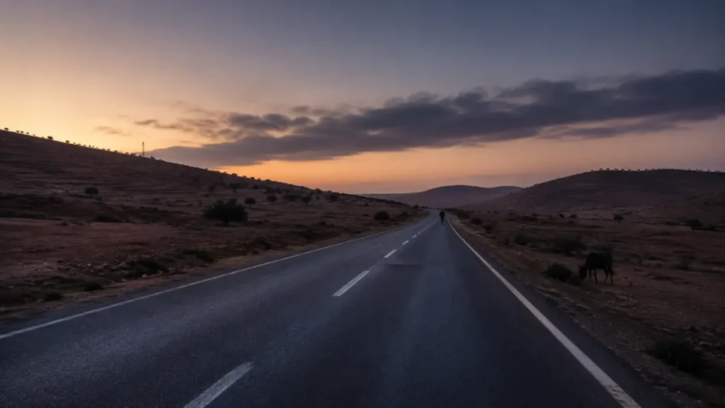 Rural road at dusk showing the challenges of night driving in Morocco