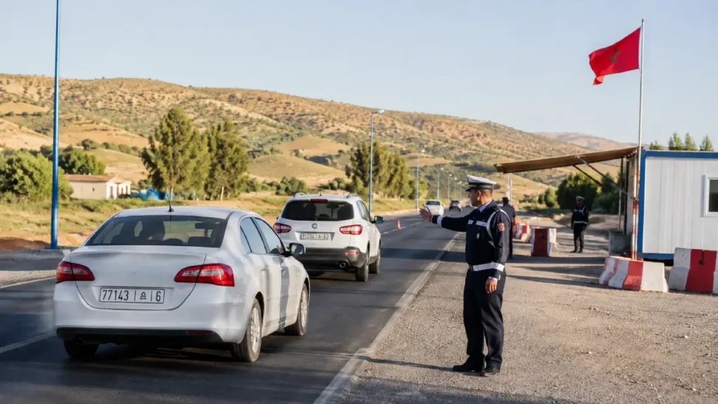 Police checkpoint on a Moroccan road with cars slowing down