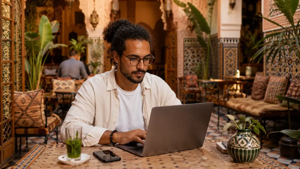 Remote worker using internet in a Riad in Marrakech