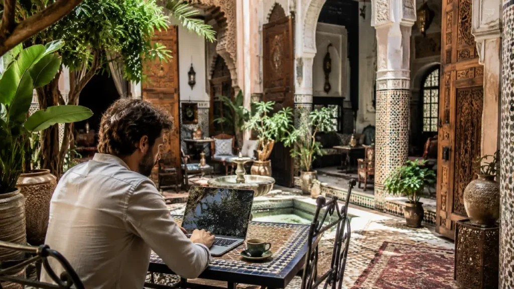 Traveler using Wi-Fi inside a traditional riad in Marrakech