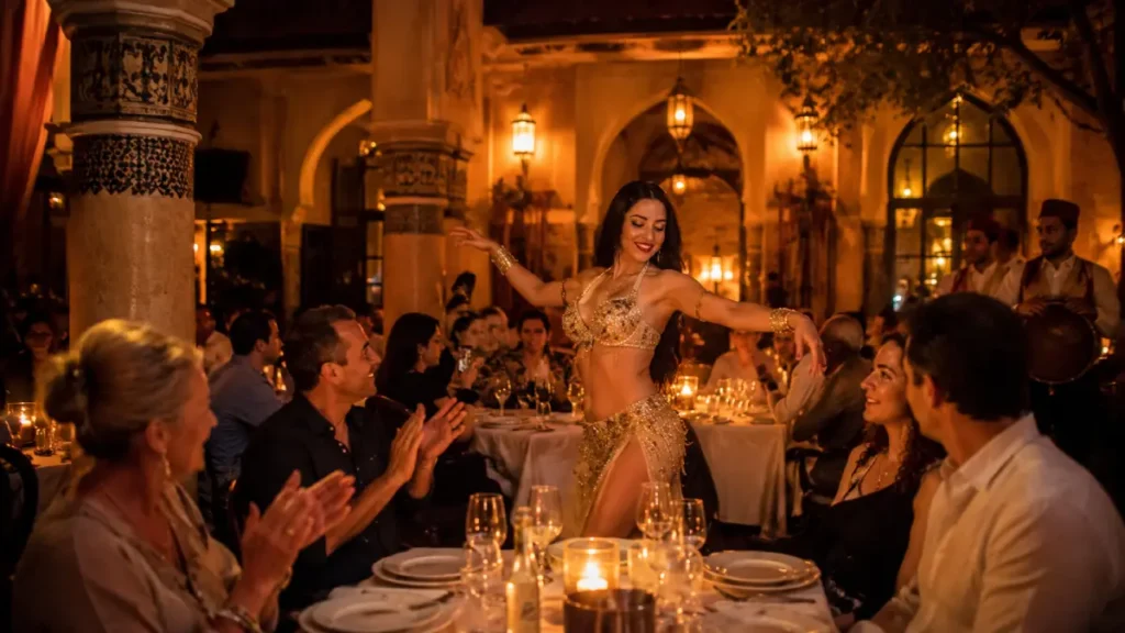 Marrakech nightlife dinner show with live Moroccan entertainment and candlelit guests