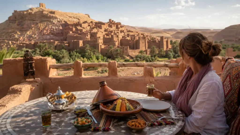 Moroccan tagine served on a terrace near Ait Ben Haddou