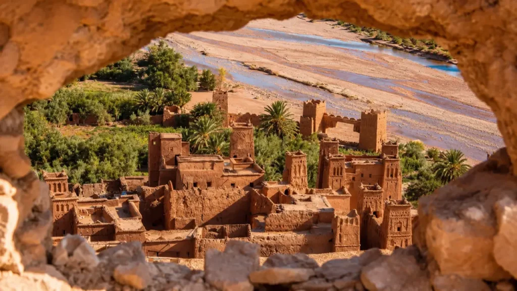 Golden-hour view of Ait Ben Haddou at sunset