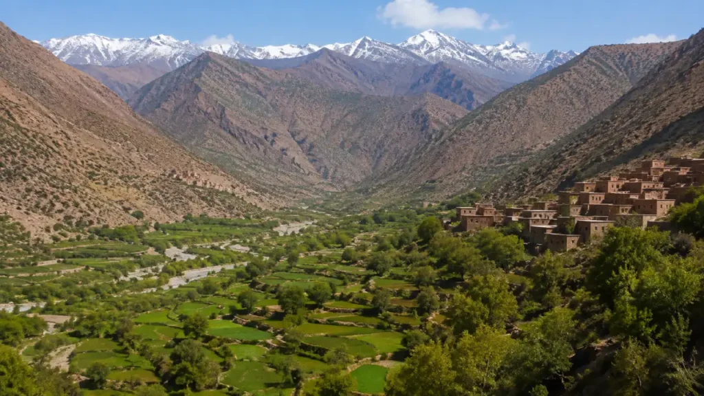 Aït Bouguemez Valley with cultivated fields and High Atlas villages