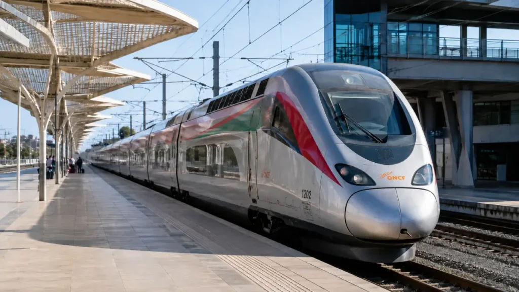 Al Boraq high-speed train at a railway station in Morocco