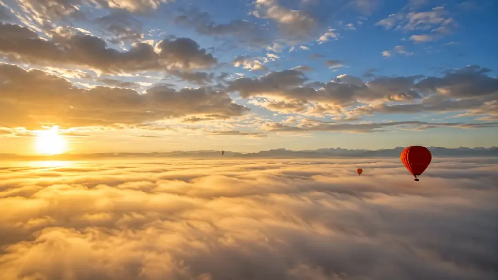 Hot air balloons at sunrise with the Atlas Mountains on the horizon near Marrakech