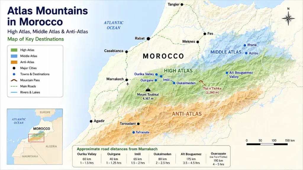 Map of Morocco showing the High Atlas, Middle Atlas, Anti-Atlas and key mountain destinations