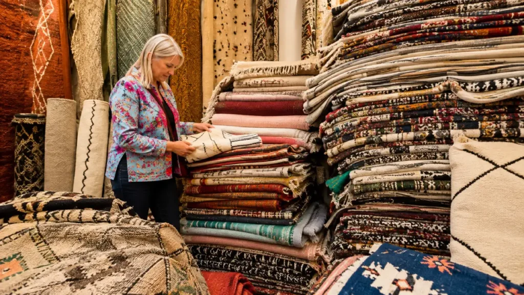 Traveler looking at handmade rugs in Marrakech