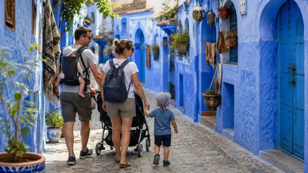 Family walking through Chefchaouen with a stroller and baby carrier