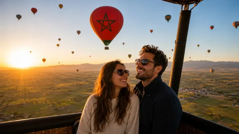 Couple enjoying a hot air balloon ride near Marrakech at sunrise with Atlas Mountains in the distance