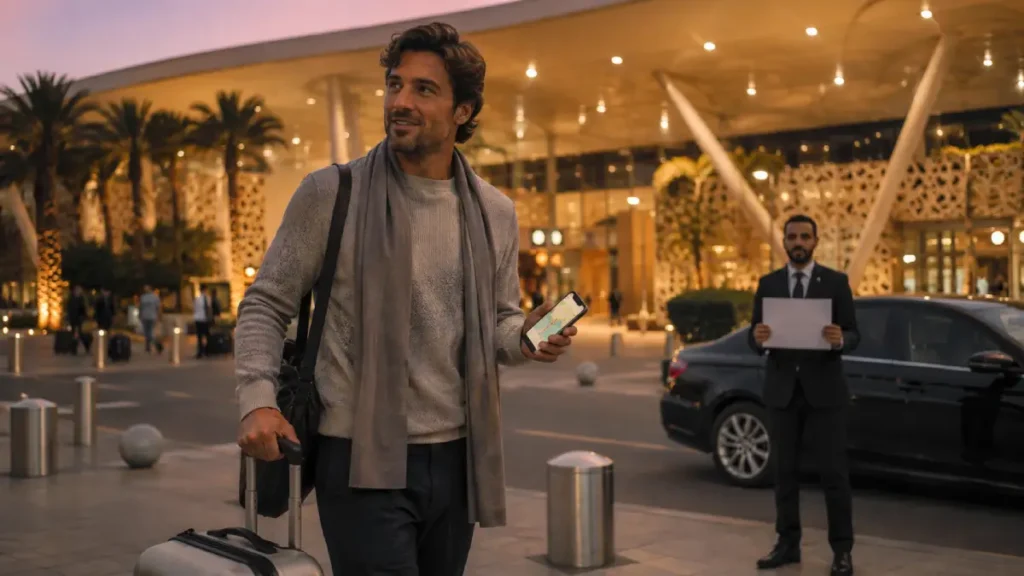 Traveller leaving Marrakech Menara Airport with a working mobile connection after buying a Moroccan SIM card.