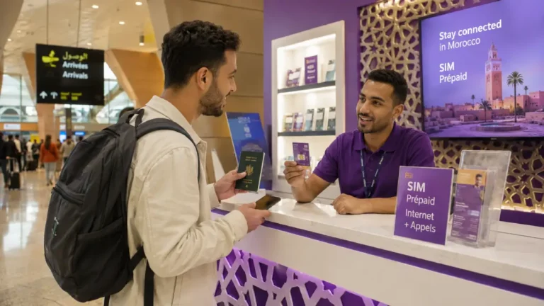 Traveller buying a prepaid SIM card after arriving at Marrakech Menara Airport.