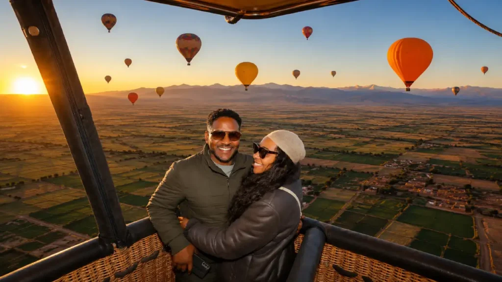Couple enjoying a Marrakech hot air balloon flight with the High Atlas Mountains in the distance