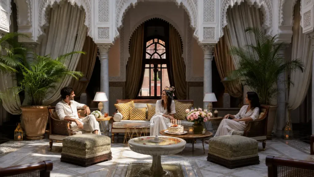 Marrakech riad courtyard prepared for a birthday celebration