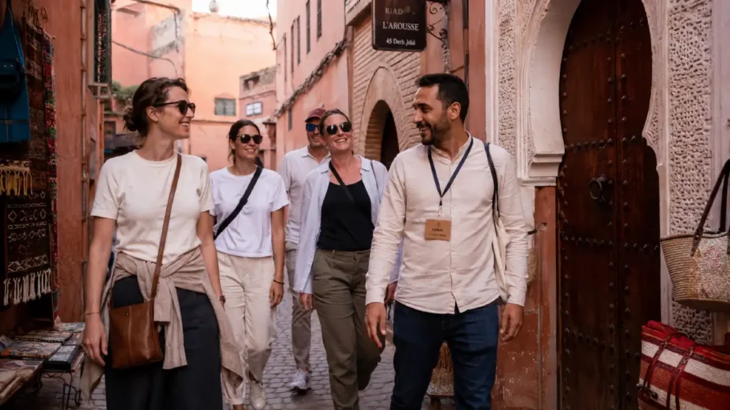 Friends exploring the Marrakech Medina during a birthday trip