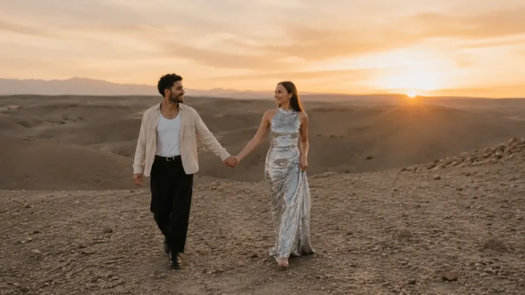 Couple watching sunset in the Agafay Desert near Marrakech