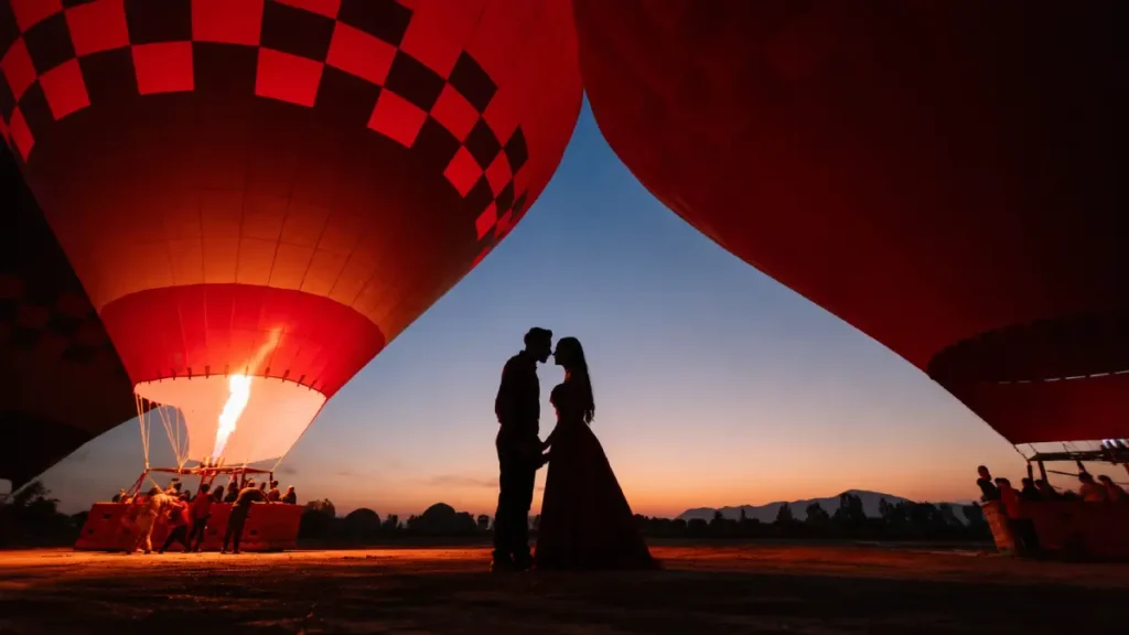 Couple enjoying a hot-air balloon experience near Marrakech