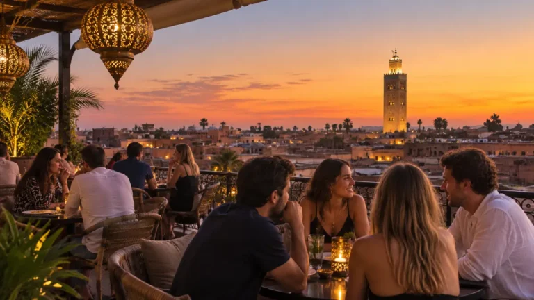 Marrakech nightlife on a rooftop at sunset with Koutoubia Mosque in the distance