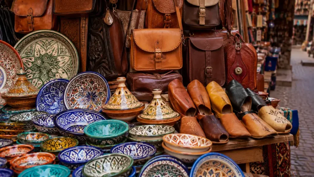 Moroccan ceramics and leather souvenirs in a traditional souk