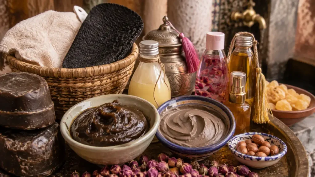 Traditional Moroccan hammam products including black soap ghassoul clay and rose water