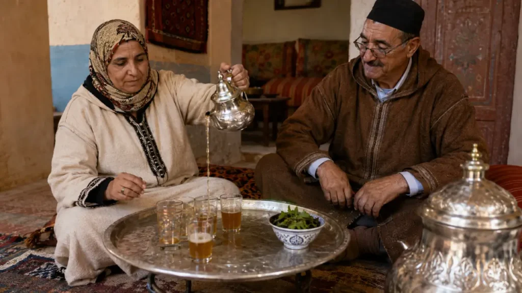 Traditional Moroccan hospitality with mint tea being served
