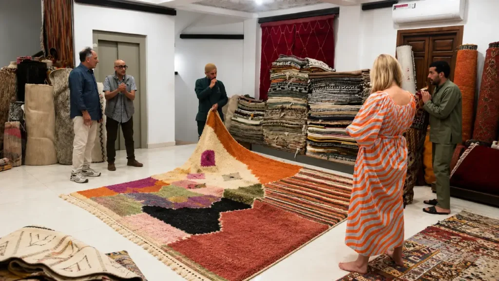 Travelers comparing Moroccan rugs in a Marrakech rug shop