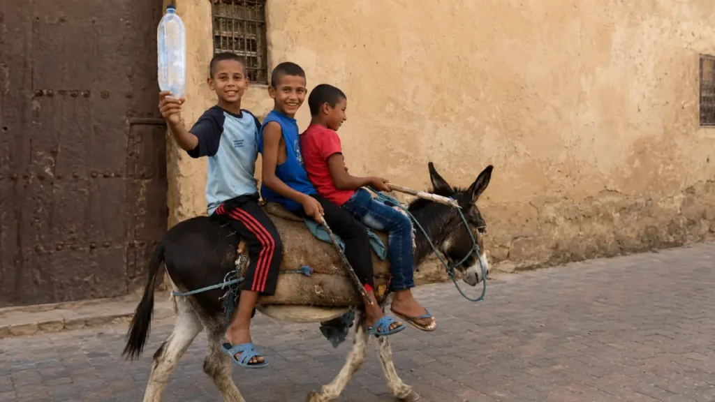 Children riding a donkey through a traditional Moroccan street