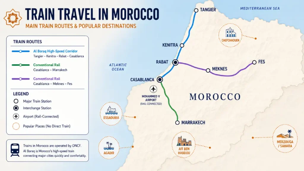 Morocco train map showing main routes between Tangier, Rabat, Casablanca, Marrakech, Meknes and Fes