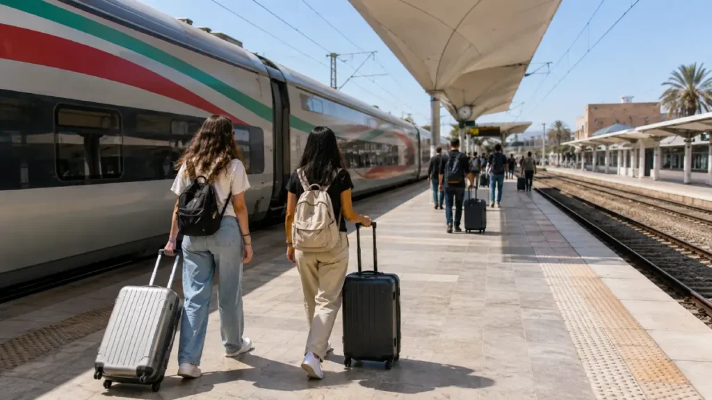 Travelers using train transportation in Morocco