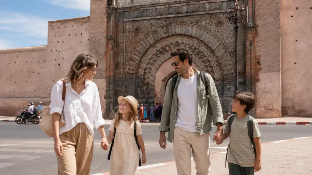 Family exploring Bab Agnaou in Marrakech during a Morocco trip