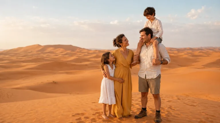 Family traveling in Morocco with kids in the Sahara Desert