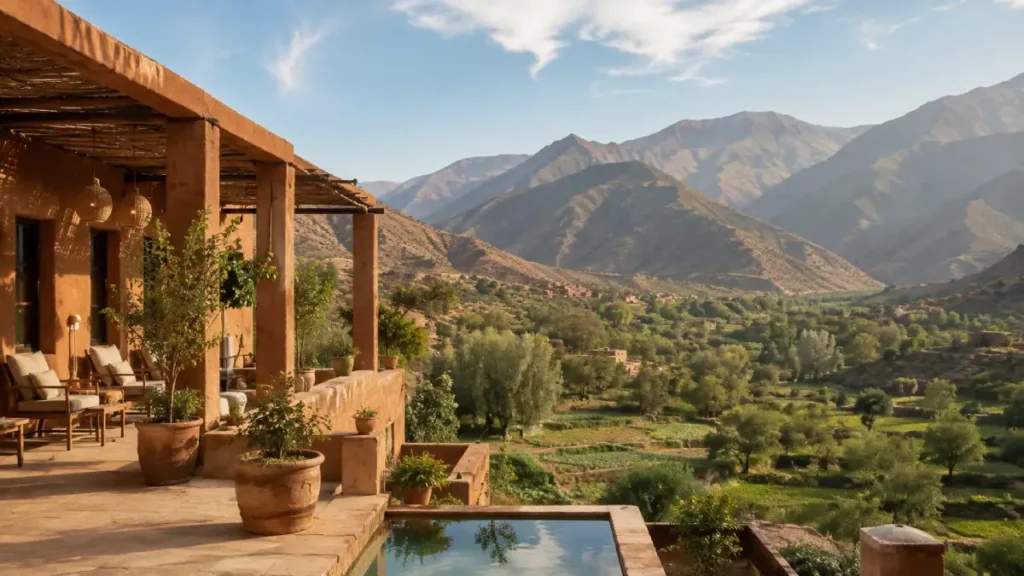 Mountain lodge terrace overlooking Ouirgane Valley in Morocco