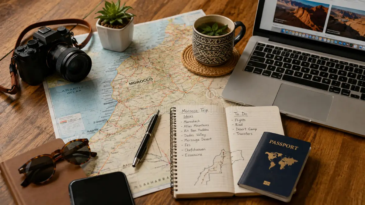 Plan Your Trip to Morocco with a map, notebook and travel essentials