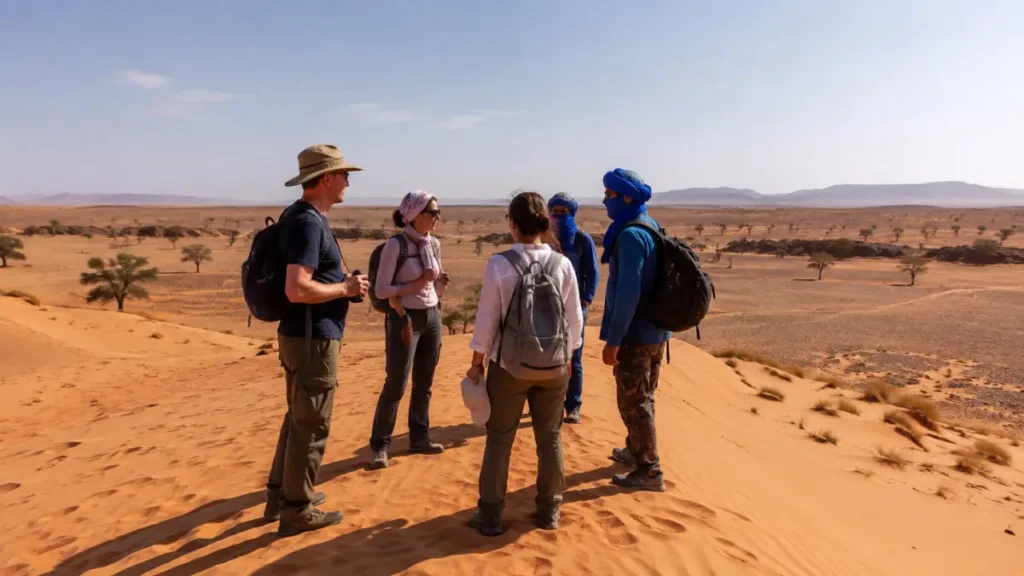 Travelers exploring the Sahara Desert safely with a local guide