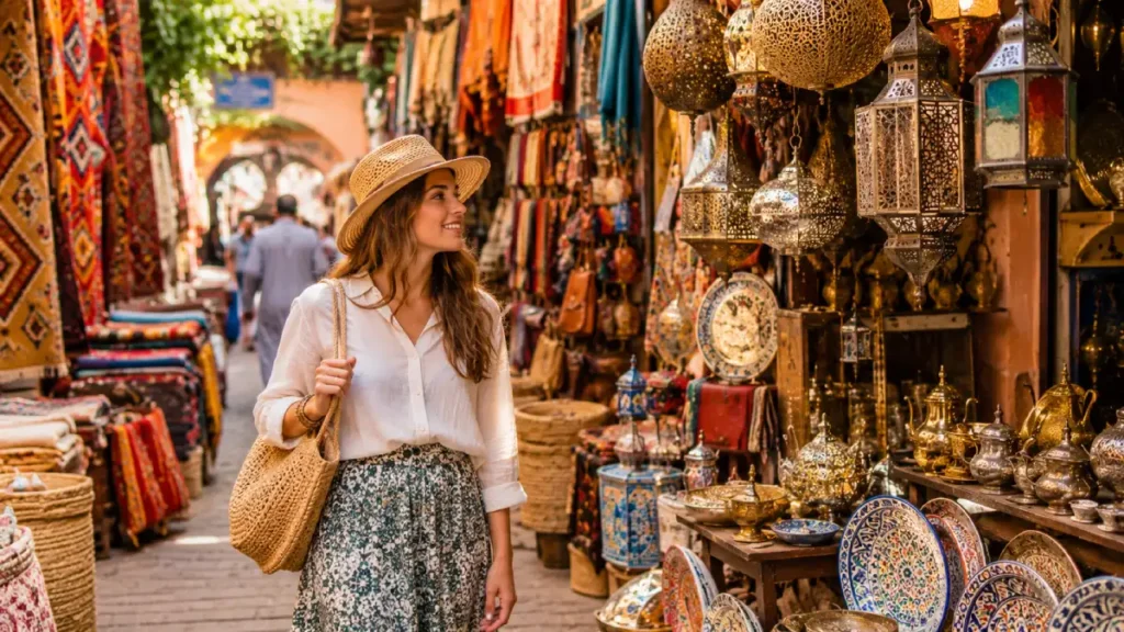Traveler shopping for Moroccan souvenirs in a traditional souk