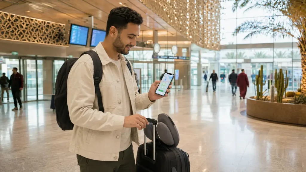 Traveller testing mobile data after activating a Moroccan SIM card at Marrakech Airport.