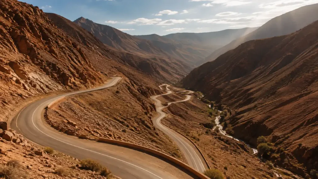 Winding road through the High Atlas Mountains toward Ouarzazate