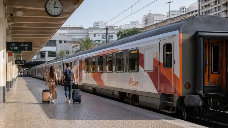 Train travel in Morocco with passengers at a Moroccan railway station
