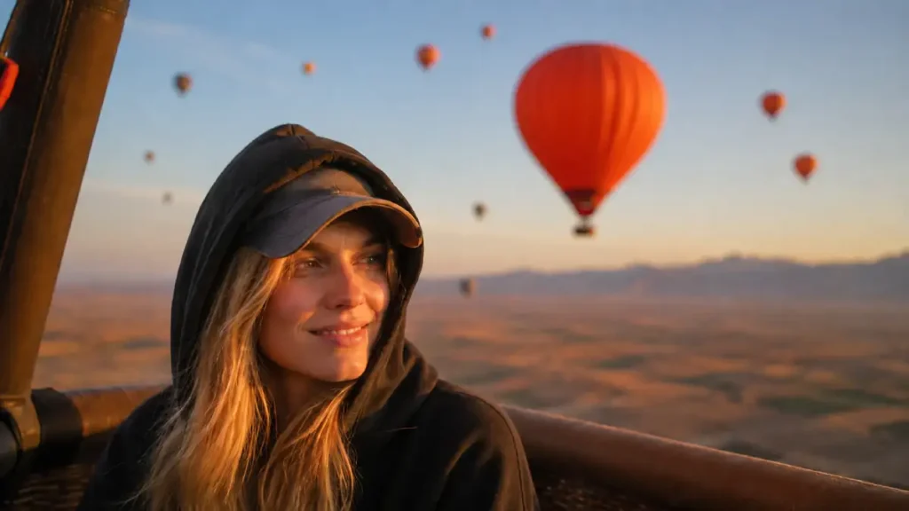 Traveler wearing warm layers during an early morning hot air balloon flight near Marrakech