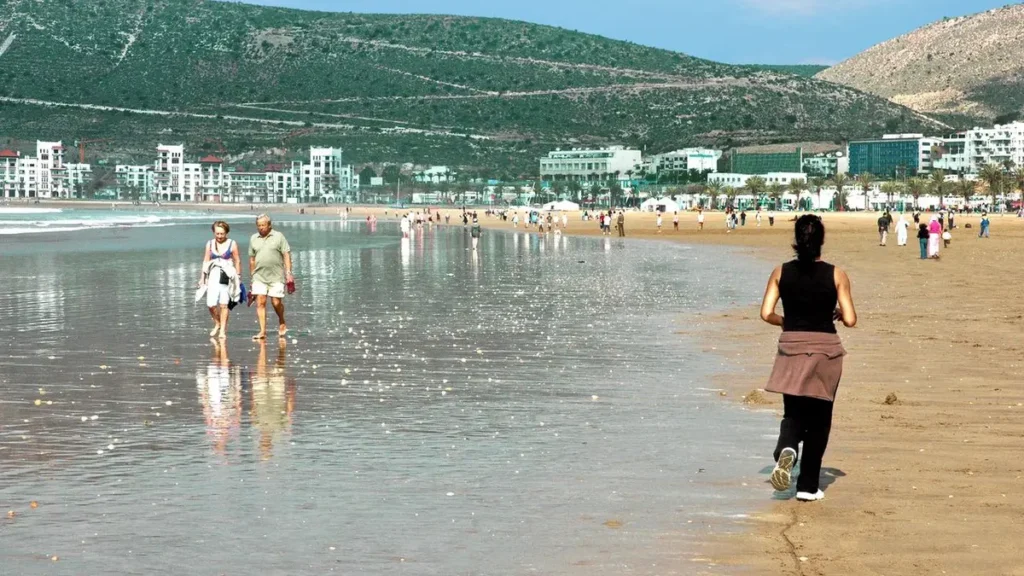Agadir Beach and beachfront hotel area in Morocco
