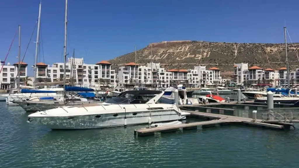 Agadir Marina with boats and waterfront buildings in Morocco