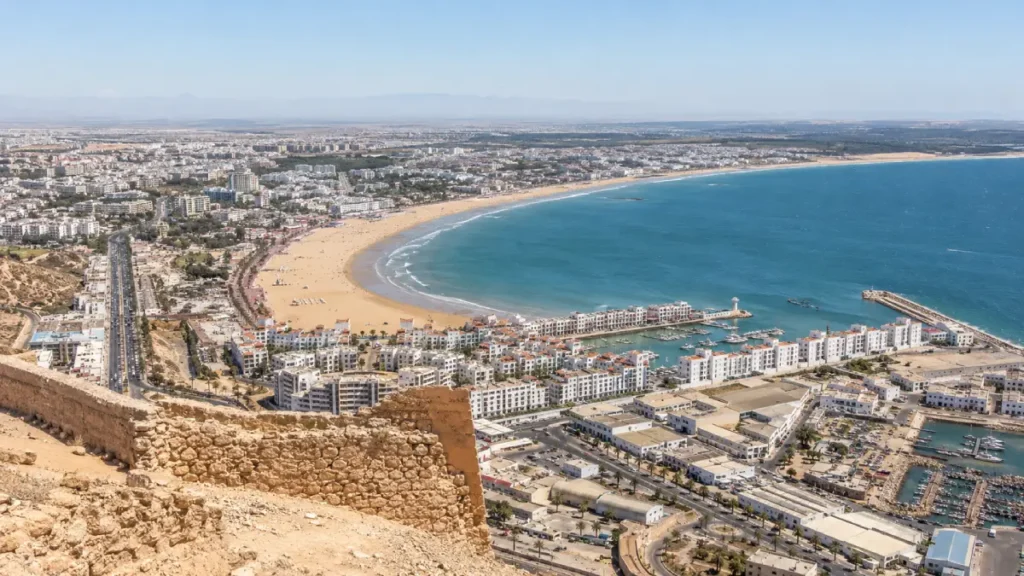 View of Agadir city, marina and beach from Agadir Oufella